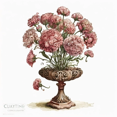 centered to frame watercolor clipart of Carnation topiary: A decorative arrangement of carnations arranged on a tall stem or frame, shaped into a ball or cone, by carolyn blish, isolated on white background
