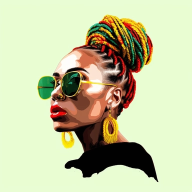 a beautiful black woman with braids updo and green, black queen vibes, yellow and red hair beads, sunglasses on, juneteeth art, watercolor clipart