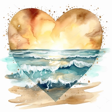 Beach Heart,Sunshine,Watercolor beach heart clipart, hd, on white background, spaced out ar 3:2-- s1000