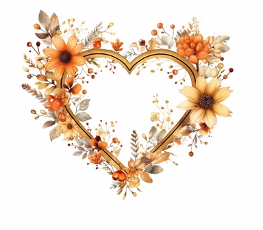 a thin gold heart shape with the outside covered with some minimalist flowers, boho style, clipart on white background