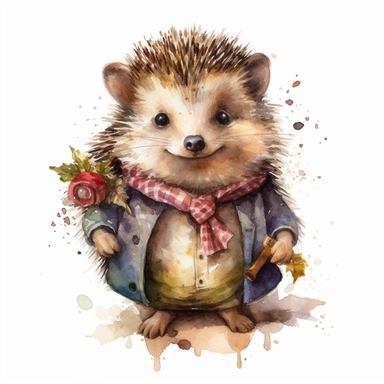 a moving hedgehog dressed up, dressed up, happy smiling face, cute animal, adorable, playful atitude, adorable watercolor animal clipart, no background, high quality and very sharp image with clear focus