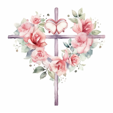watercolour Cross clipart with hearts and roses, white background, no text