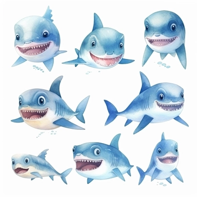 watercolor set of baby shark clipart illustration, for kids book, white background, HD, Color, Illustration