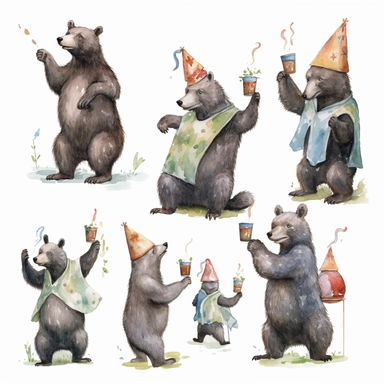 multiple poses characters of Black Bear enjoy with party in the garden, watercolor in medieval cartoon grunge style clipart on white background