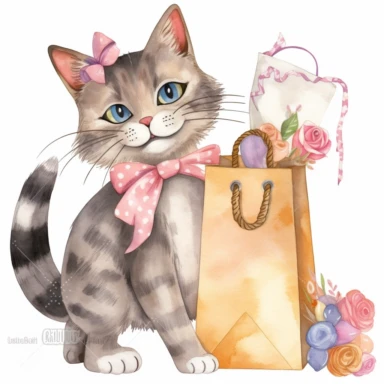 Lovely watercolor clipart of a playful cat with a paper bag, capturing the joy and happiness of pets, with delicate colors and intricate details, perfect for a wall art print, whimsical and charming, high-quality illustration, hand-painted with love, elegant and sophisticated.