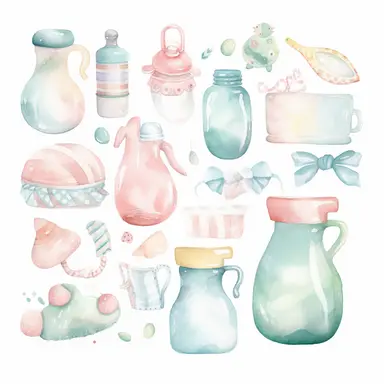 Create a watercolor clipart set featuring a variety of baby items, such as bottles, pacifiers, rattles, and blankets. Use soft, pastel colors and delicate lines to capture the innocence and sweetness of infancy, white background