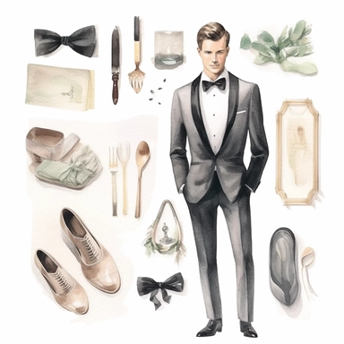 wedding watercolor graphics, subtle neutral pastel tones, sparklecore, embossed paper, Create a dapper wedding clipart showcasing a classic tuxedo, tailored to perfection with sharp lapels, a crisp shirt, and a bowtie, embodying timeless elegance and sophistication for the groom's attire on his special day, candid, multi-layered