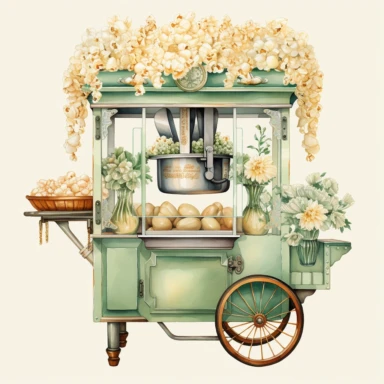 A realistic high detailed watercolor wedding popcorn machine, pastel colors, in the style of digital print, clipart, illustration, sticker, ultra high definition, rich details, 32K, HD