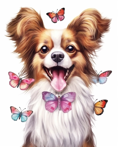 detailed watercolor Papillon dog smiling , hyper realistic, isolated on a white background, clipart
