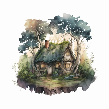 COZY semi-realistic scene of a cob cottage in the forest, wide angle view, transparent background, watercolour illustration style, dreamy, intricate, illustration, detailed , 8k, png, clipart style, deep colours