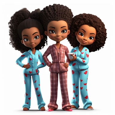 3D toy of 3 young happy black girls in matching pajamas at a pajama party in the style of boondocks in the style of marvel comics cartoon with white background can't believe how beautiful this is clipart, graphic vector, isolated on white background