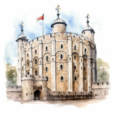 tower of London UK, watercolour illustration clipart, extremely detailed, 4k, high quality, isolated on white background