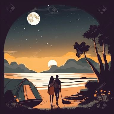 magical camping scene at the beach with couple embracing clip art