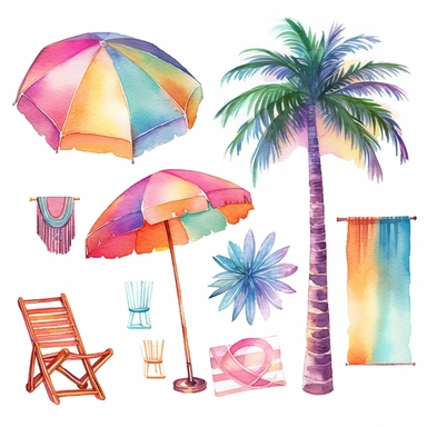 Watercolor clipart of Sun, Palm tree, Beach umbrella, Beach towel, Flip flops. In the style of transparency and opacity, vividly bold designs, geometric shapes& patterns, realistic watercolor paintings, handcrafted designs, colorful cartoon, soft colors