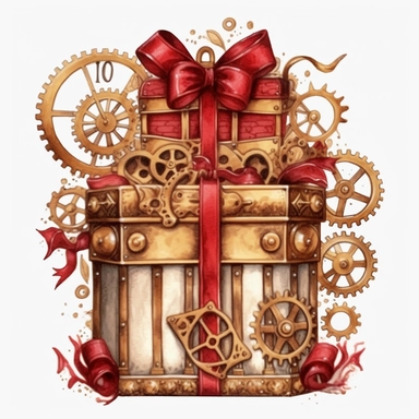 Steampunk Birthday Gift Box Clipart, crimson and gold color, Steampunk, watercolor, sweet, happy, high resolution, transparent white background no captions