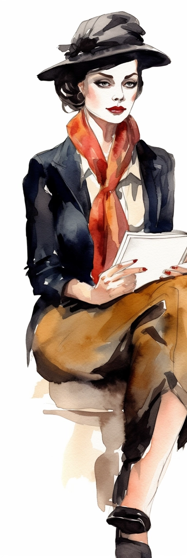 boss lady with formal clothing and baseball hat reading book watercolor clipart black lines white background