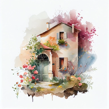 Vintage house with flowers watercolor clipart, pastel color, vibrant, watercolor, 8k, white blank background