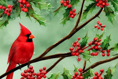 Cardinal bird, vintage lantern, winter greenery. Christmas clipart. Watercolor illustration. Pine fir branches, Holly berry, gold apple, coin. Floral bouquet. Holiday decor for print, card making .highly detailed, realistic, photo realistic, octane render, 4K, 8K, UHD, hyper detailed