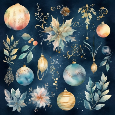 Design a collection of watercolor clipart images featuring elegant Christmas motifs such as snowflakes, stars, and ornaments. The images should have a sophisticated, upscale feel with clear lines and rich, luxurious hues. The clipart should be suitable for use in upscale holiday party invitations and other similar projects