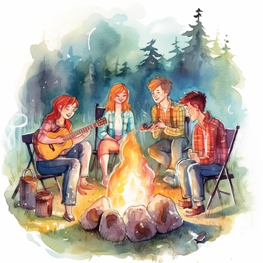 A group of friends gathered around a campfire, roasting marshmallows and singing folk songs from the 1960s, american style, watercolor, clipart