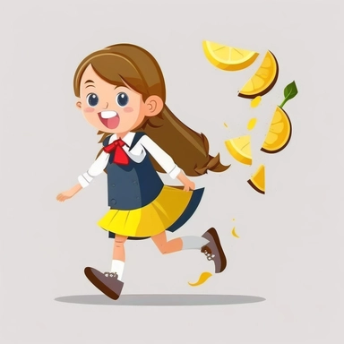 cute girl in school uniform , walking, throwing a banana peel, cartoon style, clipart, whitebackground