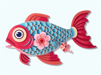 chinese new year fish clipart, in the style of light blue and crimson, recycled material murals, whimsical cartoon-style, magnified ornamentation, wandering eye, pigeoncore, poolcore