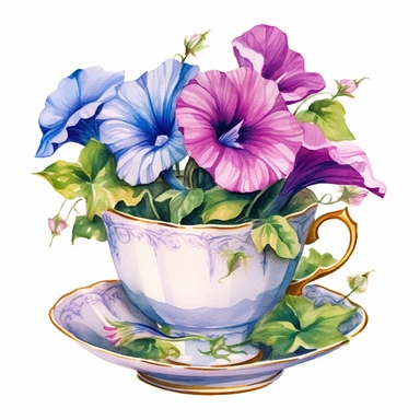 watercolor painting,Morning Glory flowers in teacup clipart, beautiful teacup clip art, fancy teacup, delicate little teacup, victorian