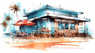 Beach Coffee shop clipart water color light blue retro style