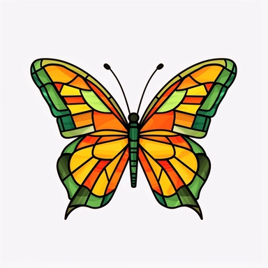 butterfly shaped stained glass clipart, green yellow orange, white background