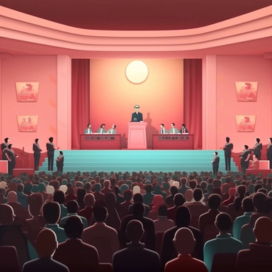 corporate clip art style background animation podium on a stage with a crowd below listening