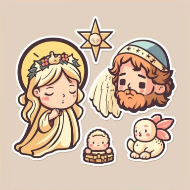 vector sticker design, anime style Christmas nativity clipart, white background, flat colors