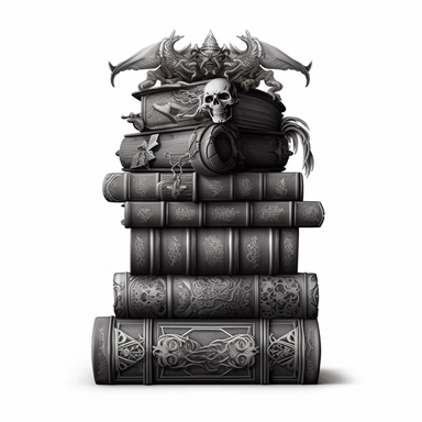 Create an impressive clipart of a clean, dark wizard's book stack on a pure white background. The design should incorporate elements of the gothic and fantasy genres, with dark hues and ornate designs on the books' spines. The lighting should be moody and shadowy, with a focus on the intricate details of the books' covers. The book stack should be perfectly symmetrical to create a sense of order and balance. Use a macro lens to capture the intricate details of the books' designs and play with th