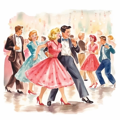 A lively dance party at a sock hop, with people dressed in poodle skirts and leather jackets, dancing the night away to the tunes of the 1950s and 1960s, american style, watercolor, clipart