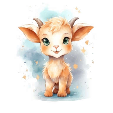 clipart, cute cartoon, baby goat, Capricorn star sign, for illustrated zodiac, baby wall art, watercolor, isolated on a clean white background