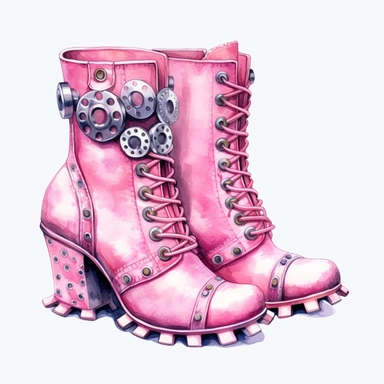 Watercolor, a pink steampunk high heel boots clipart, white background.
