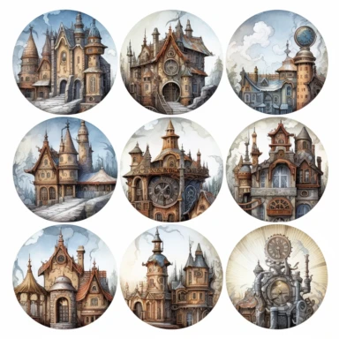 Watercolor hyperdetailed ultra realistic clipart of steampunk fictional worlds like Middle Earth, Hogwarts, or Narnia, including intricate details such as famous landmarks, architecture, and landscapes