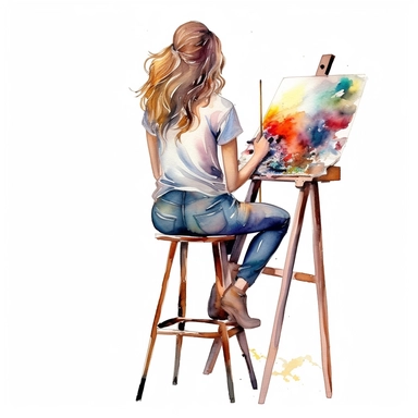 watercolour pretty lady sitting on a stool painting a canvas on an art easel view from behind hd clipart white background