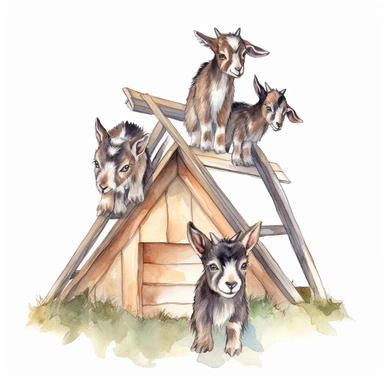 baby dwarf Nigerian goats playing on the A-frame, very detailed and realistic, watercolor, white background with margins, clipart style