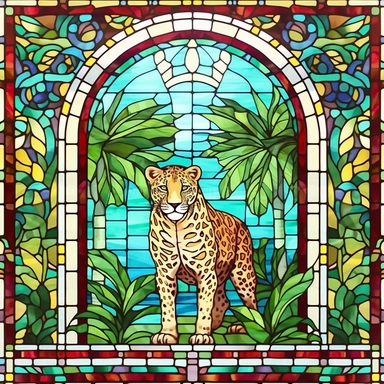 Rectangular stained glass window design, square corners 90 degrees, no background, view from solarium in the atrium, leopard in the rainforest, very detailed, clipart, clear crisp colors, photorealistic, oil paint, happy, beautiful, bright colors, cute, ultra-detailed, on a white background - - no cropping