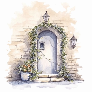 detailed watercolor clipart, photography style, beautiful christmas magic, stone wall, door, ivy, HDR, winter snow, self shadow, white background