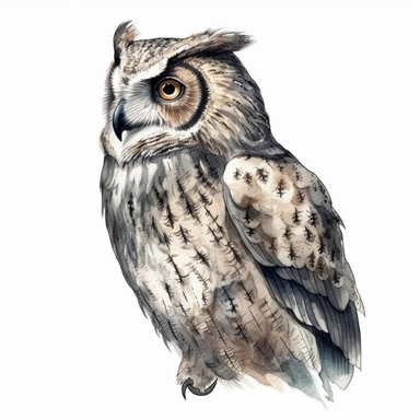 A Cute Happy Owl Side view.Watercolor hyper-realistic detailed animal illustrations, elegant inking techniques, delicate markings, monochromatic paintings, free brushwork, watercolor illustrations, painted illustrations Clipart, White Background