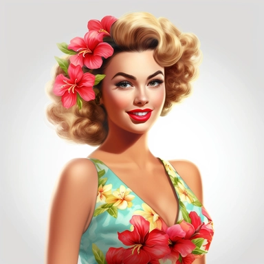 beautiful pretty pin up woman, makeup and hair vintage 50's style, hawaiian flower and dress, paint art style, detail, clipart, white background, superrealistic, one of a kind