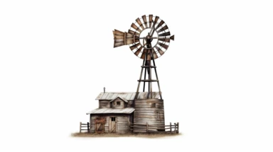 Envision a classic western windmill, standing alone against a stark white background. The windmill is a symbol of the old west, with its wooden structure and spinning blades. The medium is a clipart style, with clean lines and a minimalist aesthetic. The style is reminiscent of vintage western illustrations, with a focus on the iconic silhouette of the windmill. The lighting is neutral, with the white background providing a stark contrast to the dark outline of the windmill. The colors are monoc
