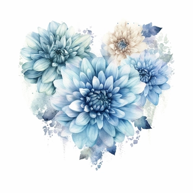 a heart shape made with soft blue and pastel blue Dahlia flowers, wet on dry watercolour style, dark gothic antique look, clipart, white background