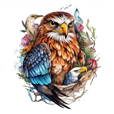 Watercolor colorful on the ocean birds flower tiger on the forest,Bird's nest above the head Sublimation Clipart desert cartoon t-shirt graphic, vector,contour, isolated on a white background