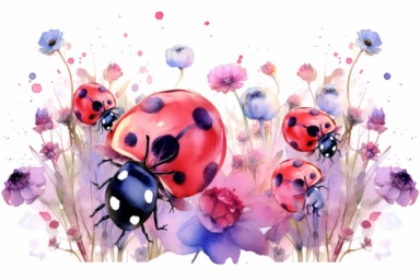 Watercolor , Wild Flowers, fantasy Lady bug, clipart, hd, on a white background, spaced out