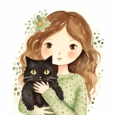 watercolour clipart of a woman with brown hair and brown eyes, make her smiling and exalted, holding ipad, the delicate and determined soul, has a deep affection for cats, black cat. She meticulously crafts digital designer papers and breathes life into digital journaling pages. Her finesse and devotion to her work are truly extraordinary. Her art is a testament to her unwavering pursuit of beauty and excellence, white background, 8k, f1