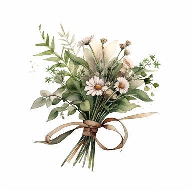 wild flowers with long stems tied together with string to make a bouquet, super-realistic, detailed, watercolor, light colors, clipart, minimalist, lots of green leaves