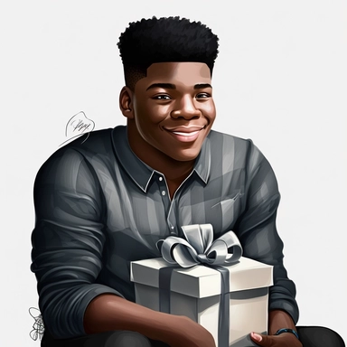 2d, handsome , sitting smiling plus size black teen boy birthday party clipart, opening birthday presents, cartoon realistic, 32k uhd