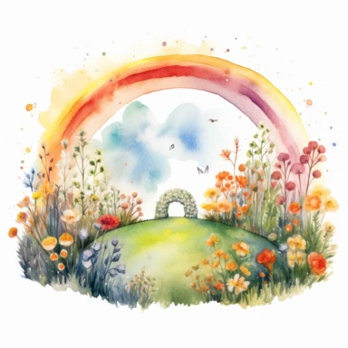 A colorful rainbow arcs across the sky, bringing a sense of wonder and magic to the watercolor Spring garden, ,clipart, on a white background.